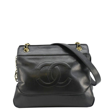 CHANEL  CC Lambskin Leather Chain Shopping Tote Bag Black