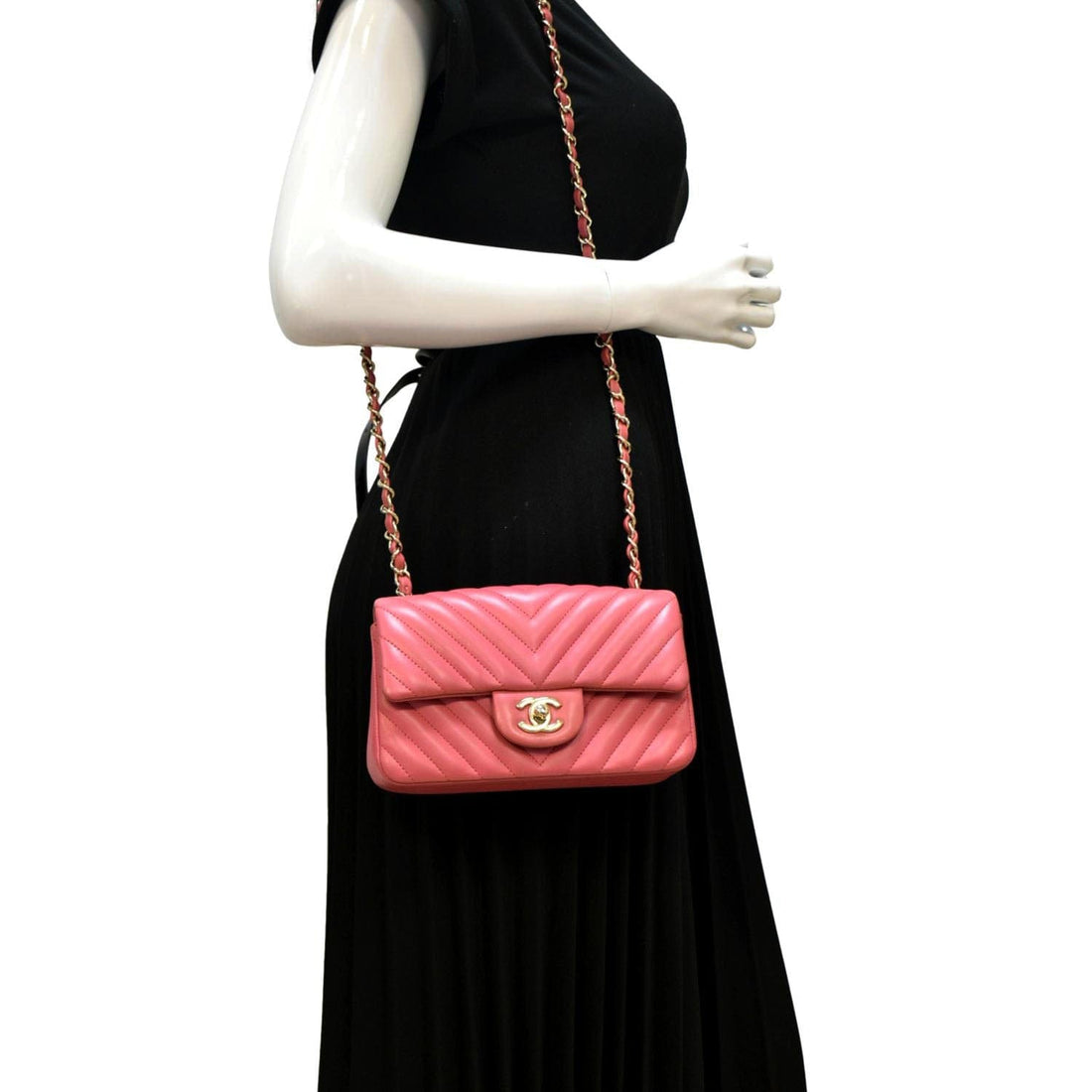 CHANEL Timeless Classic Square Flap Chevron  Leather Crossbody Bag Pink