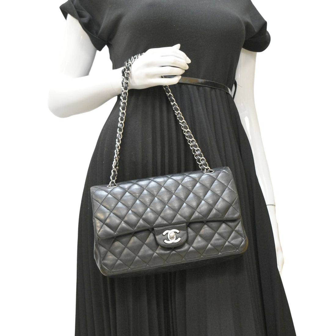 CHANEL Classic Medium Double Flap Quilted Leather Shoulder Bag Black