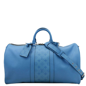 LOUIS VUITTON Keepall 50 Bandouliere Monogram Taiga Leather Travel Bag Blue