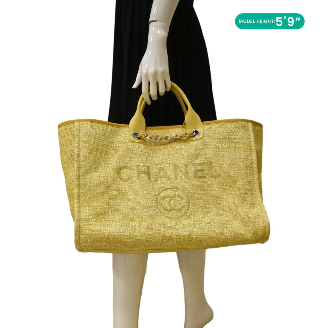 CHANEL Deauville Tweed Canvas Shopping Tote Shoulder Bag Yellow