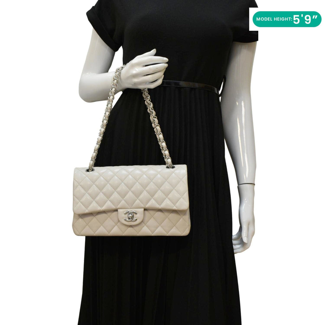 CHANEL Classic Double Flap Medium Quilted Caviar Leather Shoulder Bag White