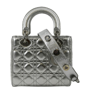 CHRISTIAN DIOR Lady Dior  Leather Shoulder Bag Metallic Silver