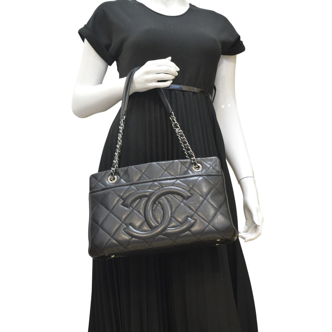 CHANEL Timeless CC Soft Quilted Caviar Leather Shopping Tote Bag Black