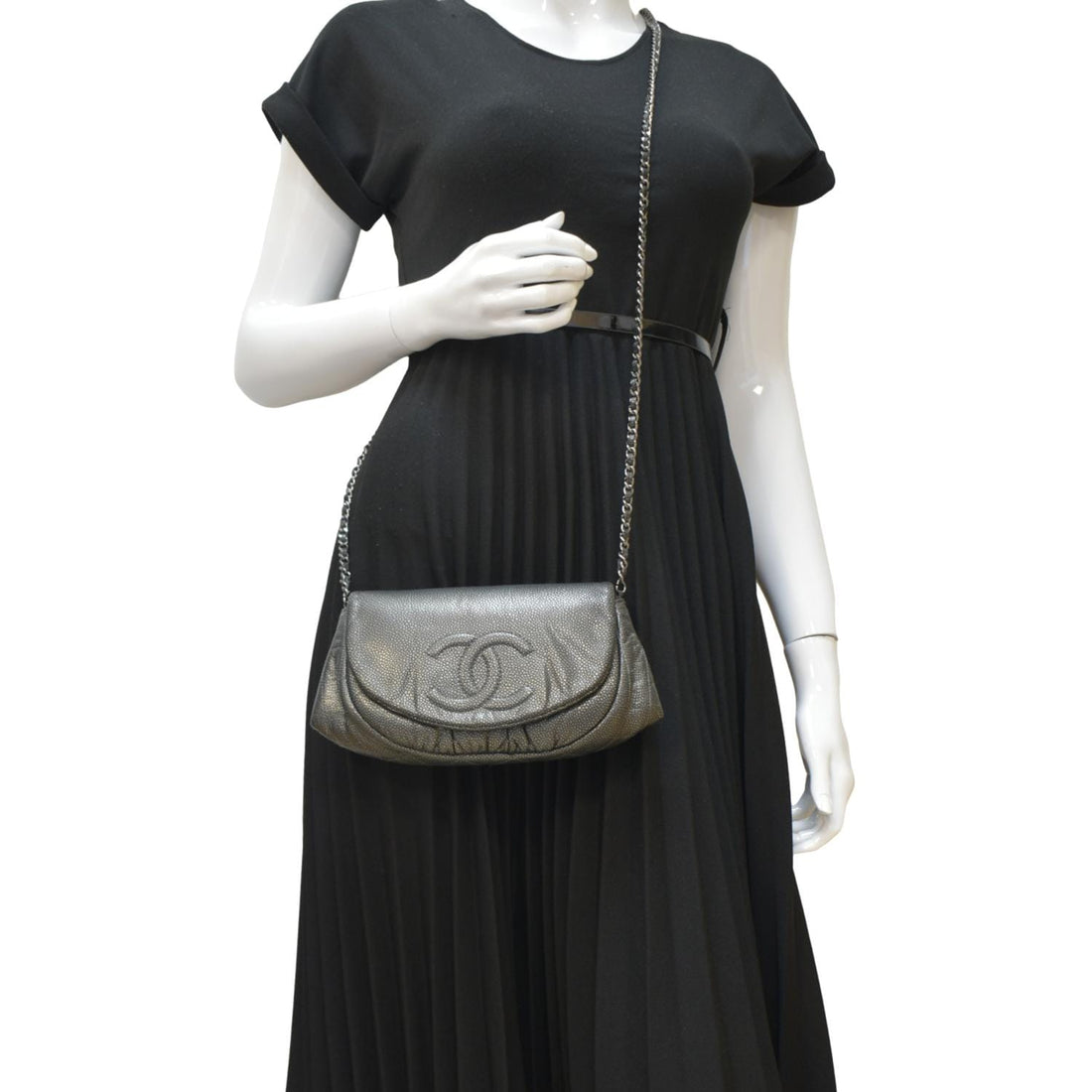 CHANEL Half Moon Caviar Leather Wallet on Chain Crossbody Bag Gray