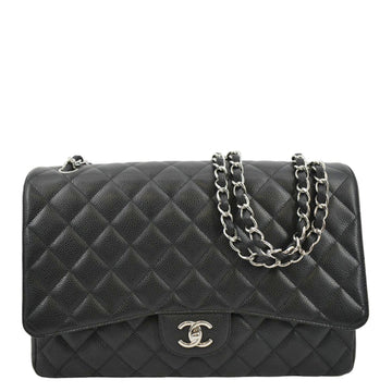 CHANEL Classic Maxi Single Flap Quilted Caviar Leather Shoulder Bag Black