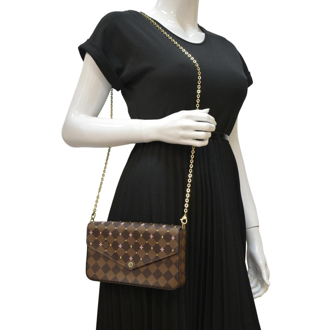 LOUIS VUITTON Studded Felicie Damier Ebene Pochette Crossbody Bag Brown
