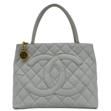 CHANEL Medallion Quilted Caviar Leather Tote Bag Light Blue