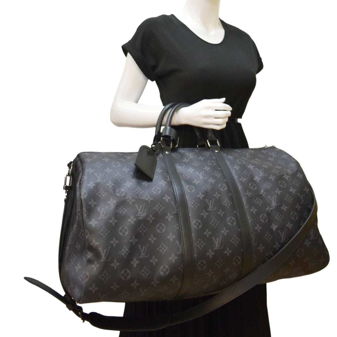 LOUIS VUITTON Keepall 55 Bandouliere Monogram Eclipse Travel Bag Black