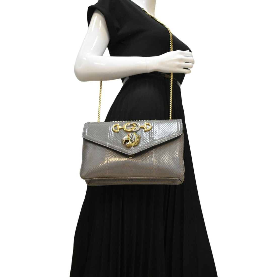 GUCCI Rajah Medium Leather Chain Shoulder Bag Grey 537241