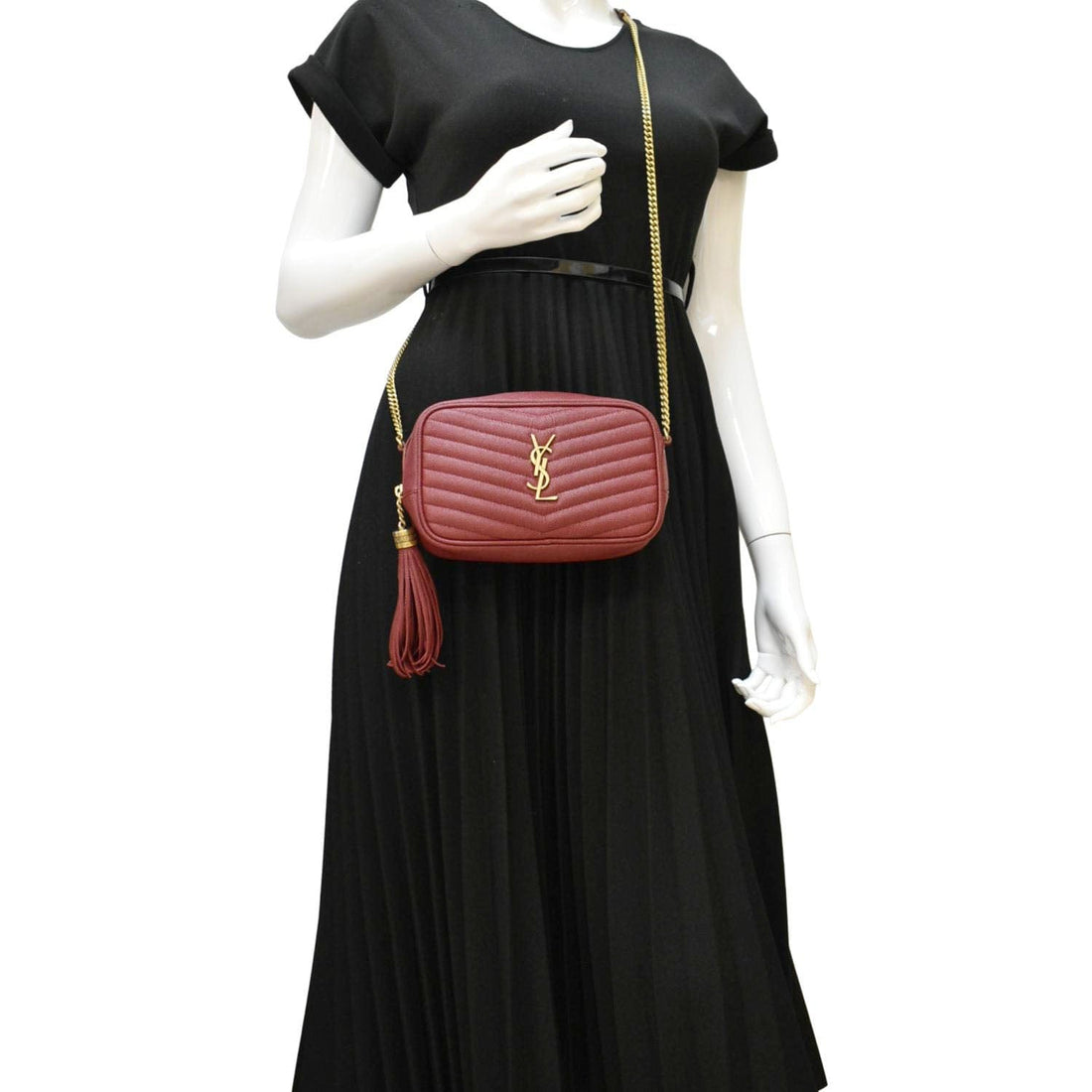 YVES SAINT LAURENT Lou Chevron Leather Camera Crossbody Bag Red