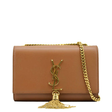 YVES SAINT LAURENT Kate Leather Chain Clutch Crossbody Bag Tan