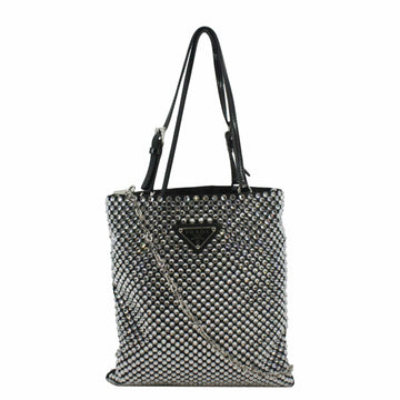 PRADA Chain Flat Mini Crystal Embellished Satin Tote Bag Silver