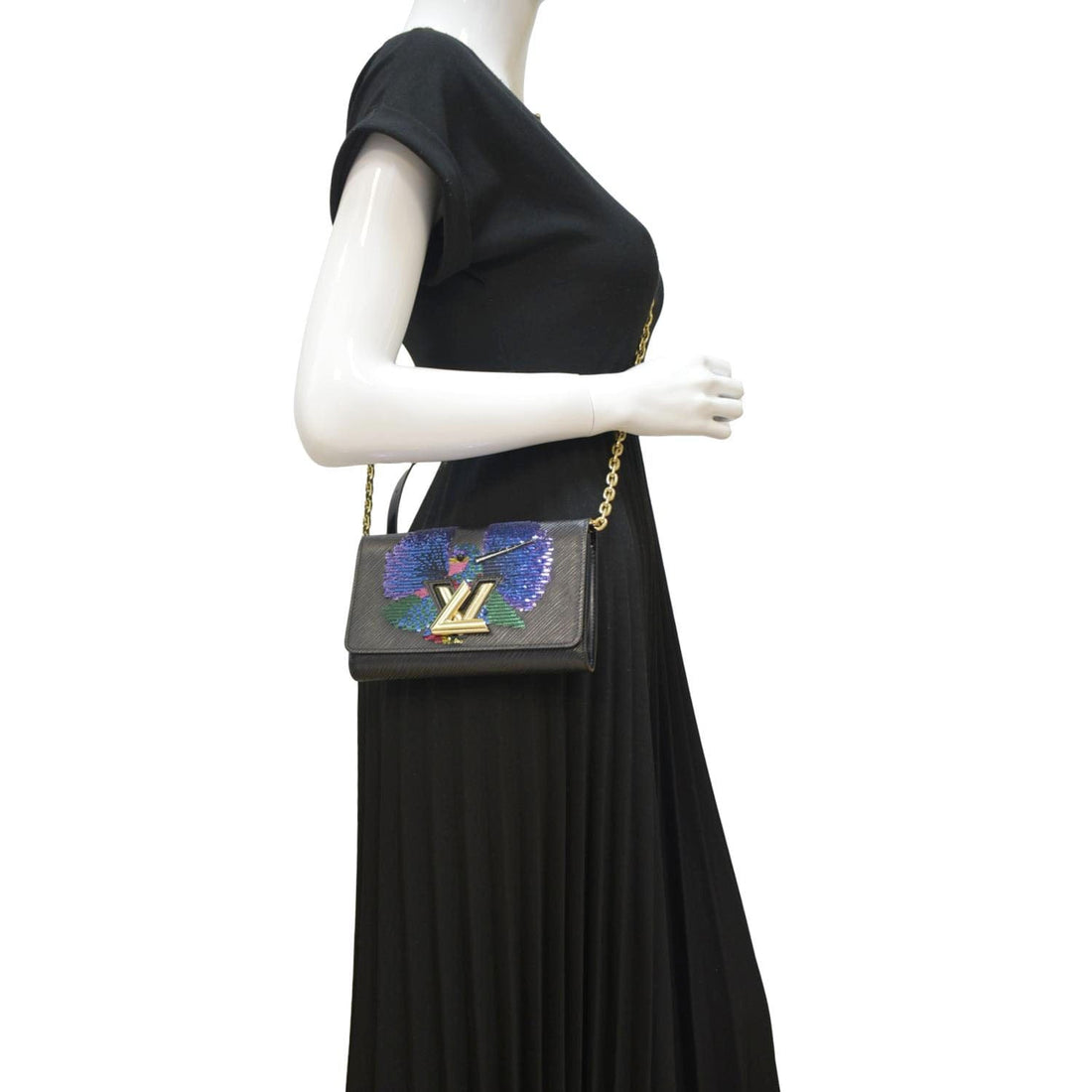 LOUIS VUITTON Twist Sequin Bird Epi Leather Chain Clutch Black
