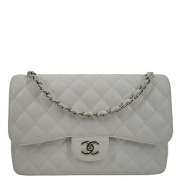 CHANEL Jumbo Double Flap Quilted Caviar Leather Shoulder Bag White