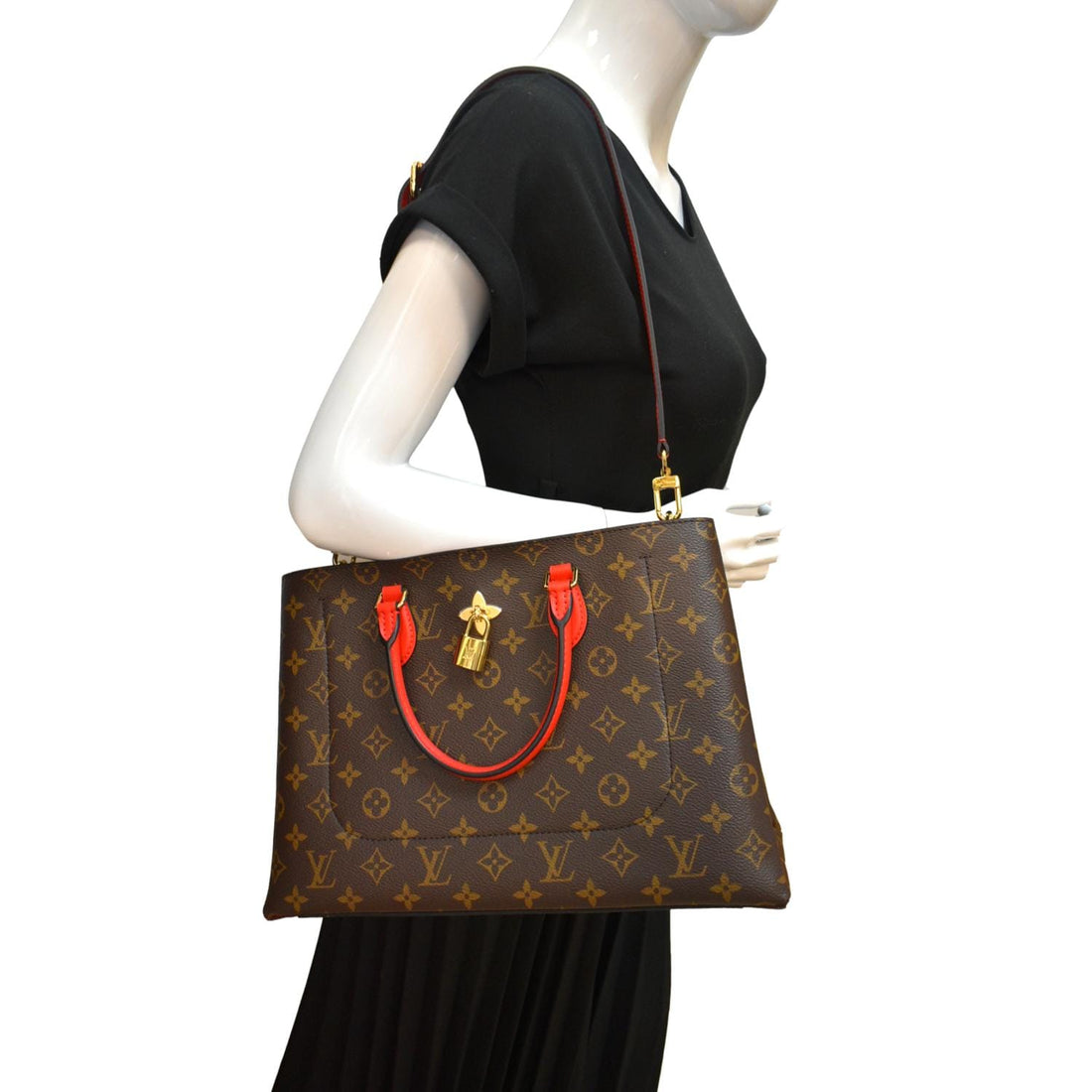 LOUIS VUITTON Flower Monogram Canvas Tote Shoulder Bag Cerise