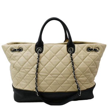 CHANEL Drawstring Large Quilted  & Caviar Shopping Tote Bag Beige