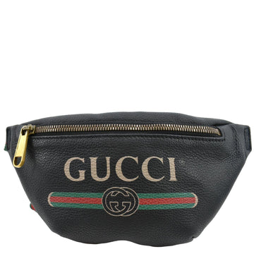 GUCCI Logo Print Grained  Leather Small Belt Bag Black 527792