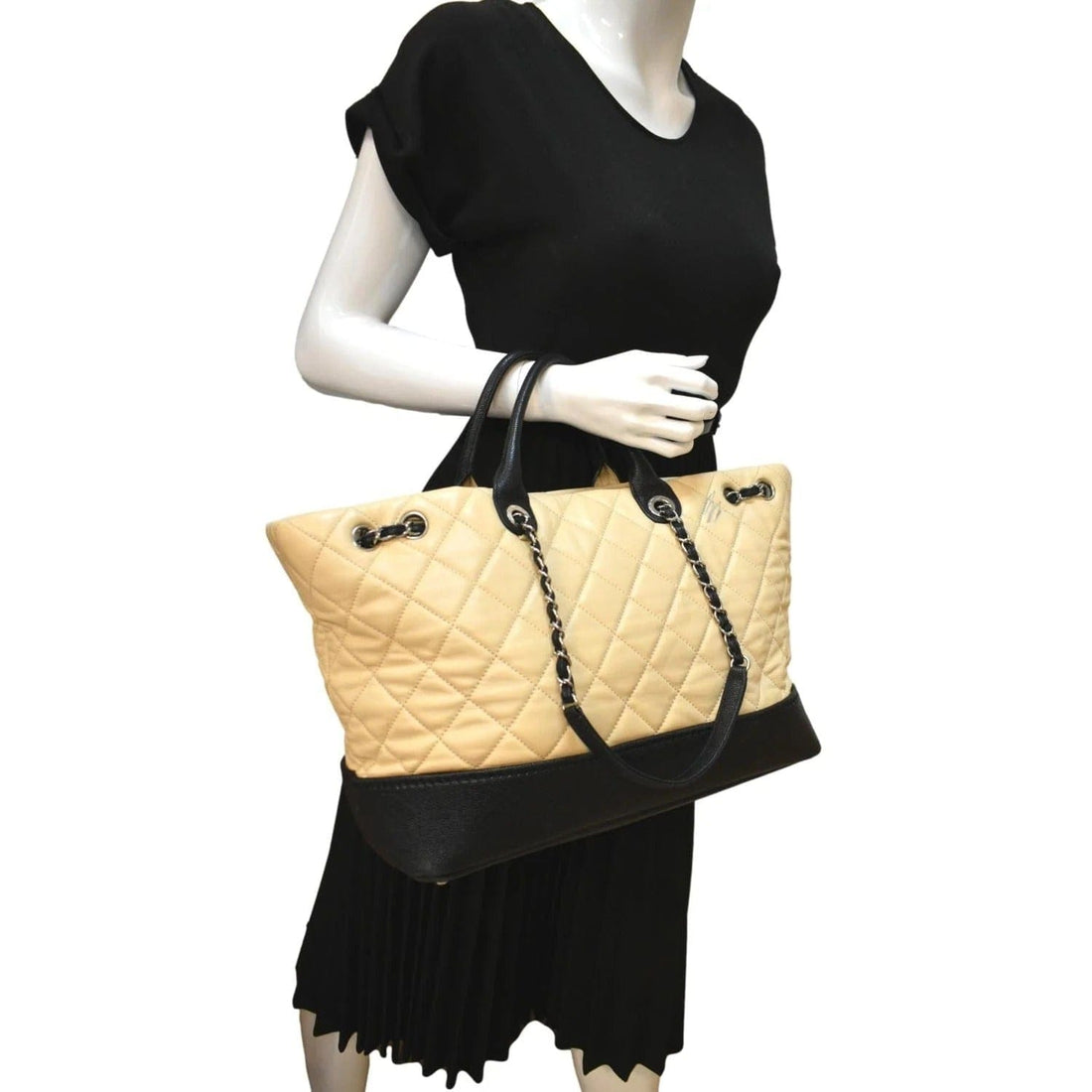 CHANEL Drawstring Large Quilted  & Caviar Shopping Tote Bag Beige