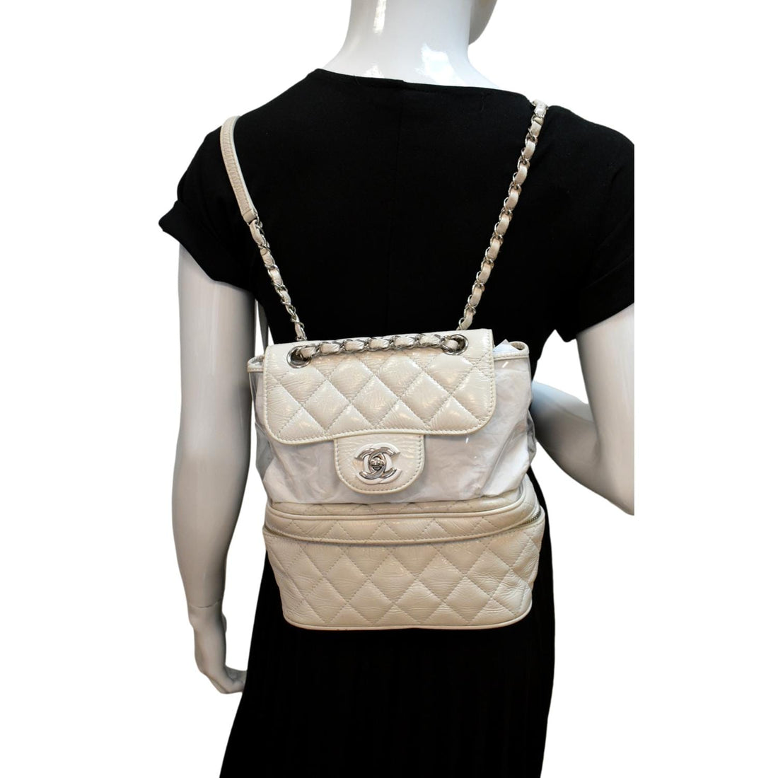 CHANEL Crumpled Quilted  PVC Backpack Bag White