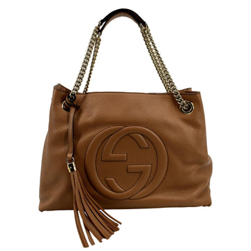 GUCCI Medium Soho Chain Pebbled Leather Tote Bag Beige 536196