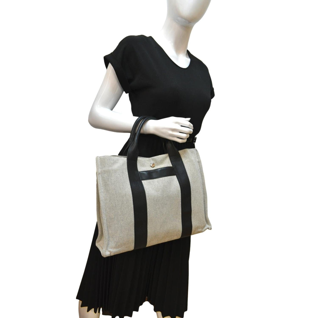 HERMES Garden Party Toile Leather Tote Bag Black/Beige