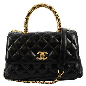 CHANEL Coco Mini Top Metal Handle  Leather Shoulder Bag Black