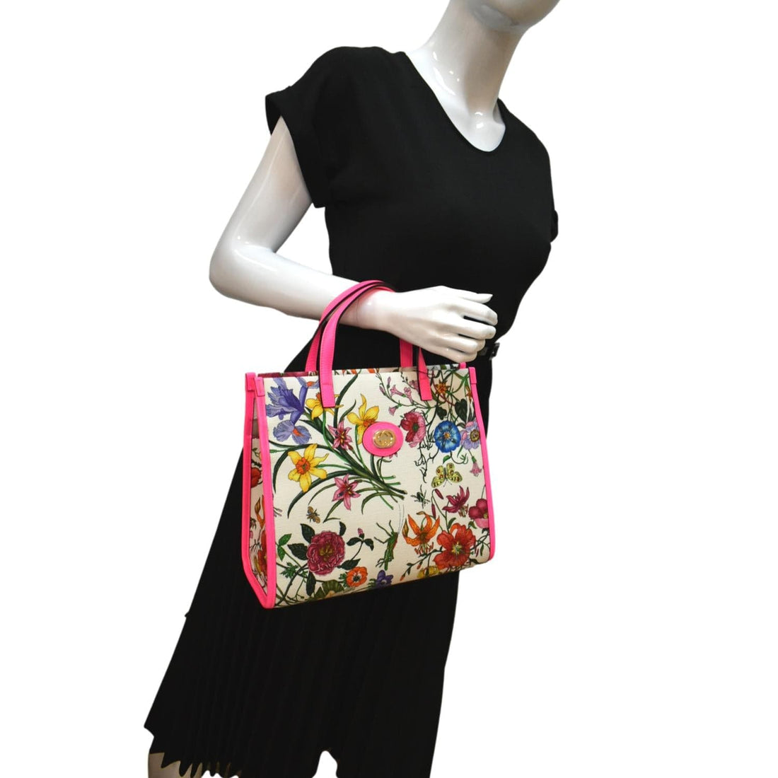 GUCCI Medium Flora Canvas Tote Shoulder Bag Pink 550141