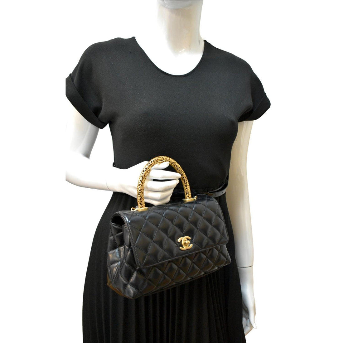 CHANEL Coco Mini Top Metal Handle  Leather Shoulder Bag Black