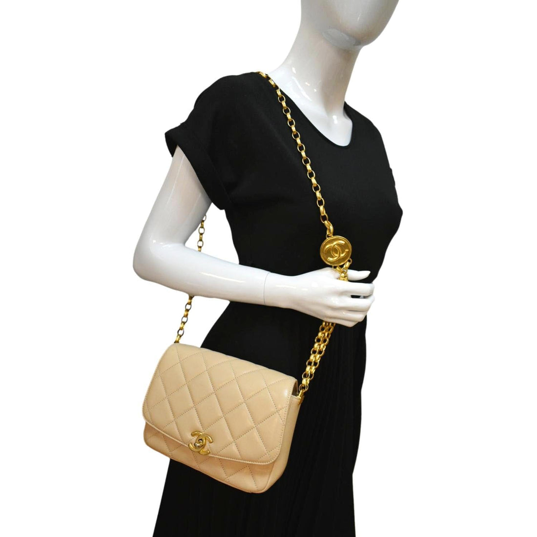 CHANEL CC Charm Flap  Leather Shoulder Bag Beige