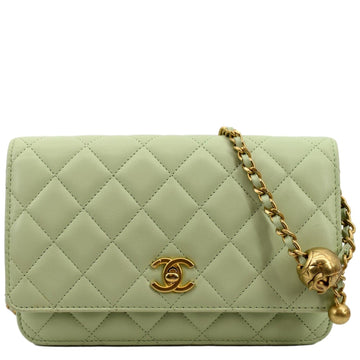 CHANEL CC Pearl Crush  Leather Wallet On Chain Crossbody Bag Light Green