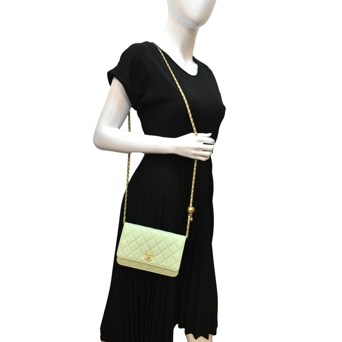 CHANEL CC Pearl Crush  Leather Wallet On Chain Crossbody Bag Light Green