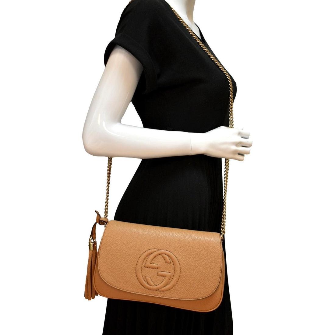 GUCCI Soho Chain Flap Leather Crossbody Bag Brown 536224