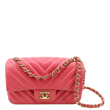 CHANEL Timeless Classic Square Flap Chevron  Leather Crossbody Bag Pink