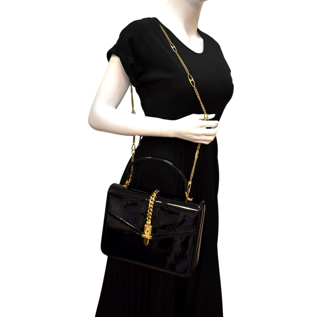 GUCCI Sylvie 1969 Patent Leather Top Handle Crossbody Bag Black 589478