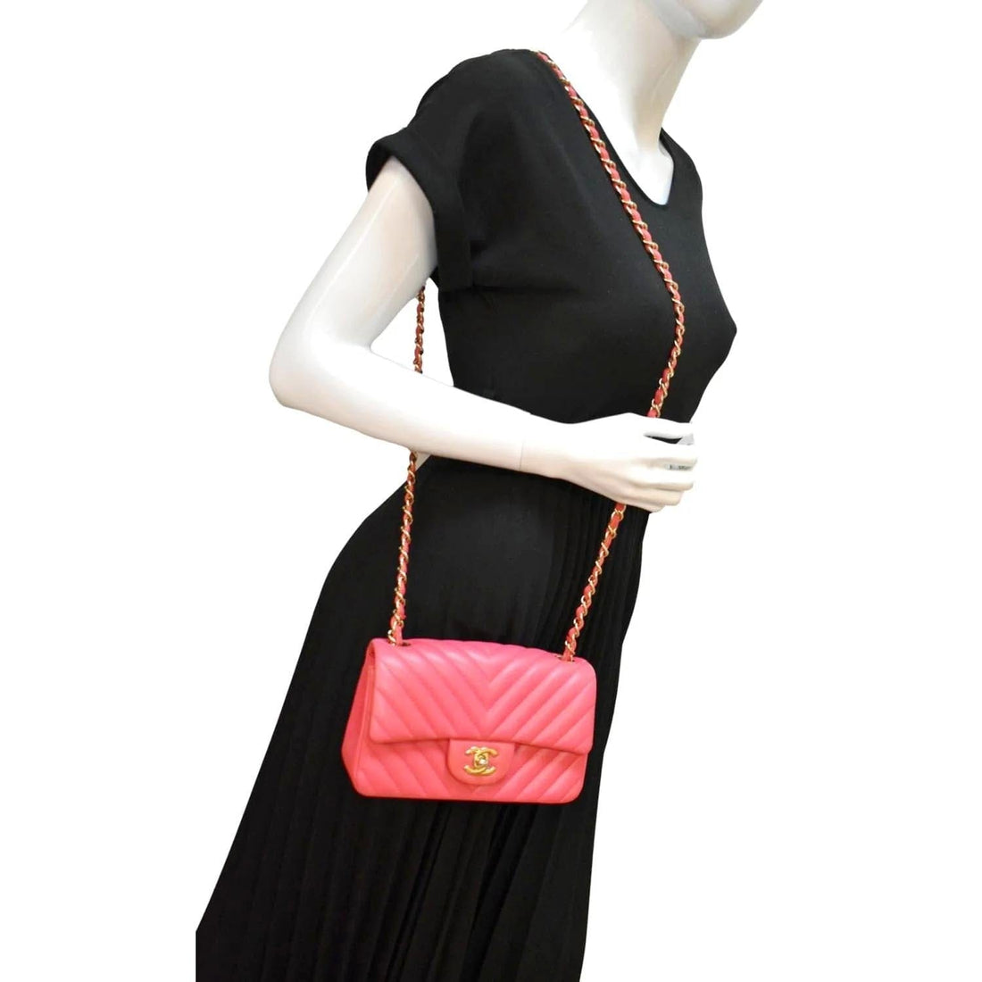 CHANEL Timeless Classic Square Flap Chevron  Leather Crossbody Bag Pink