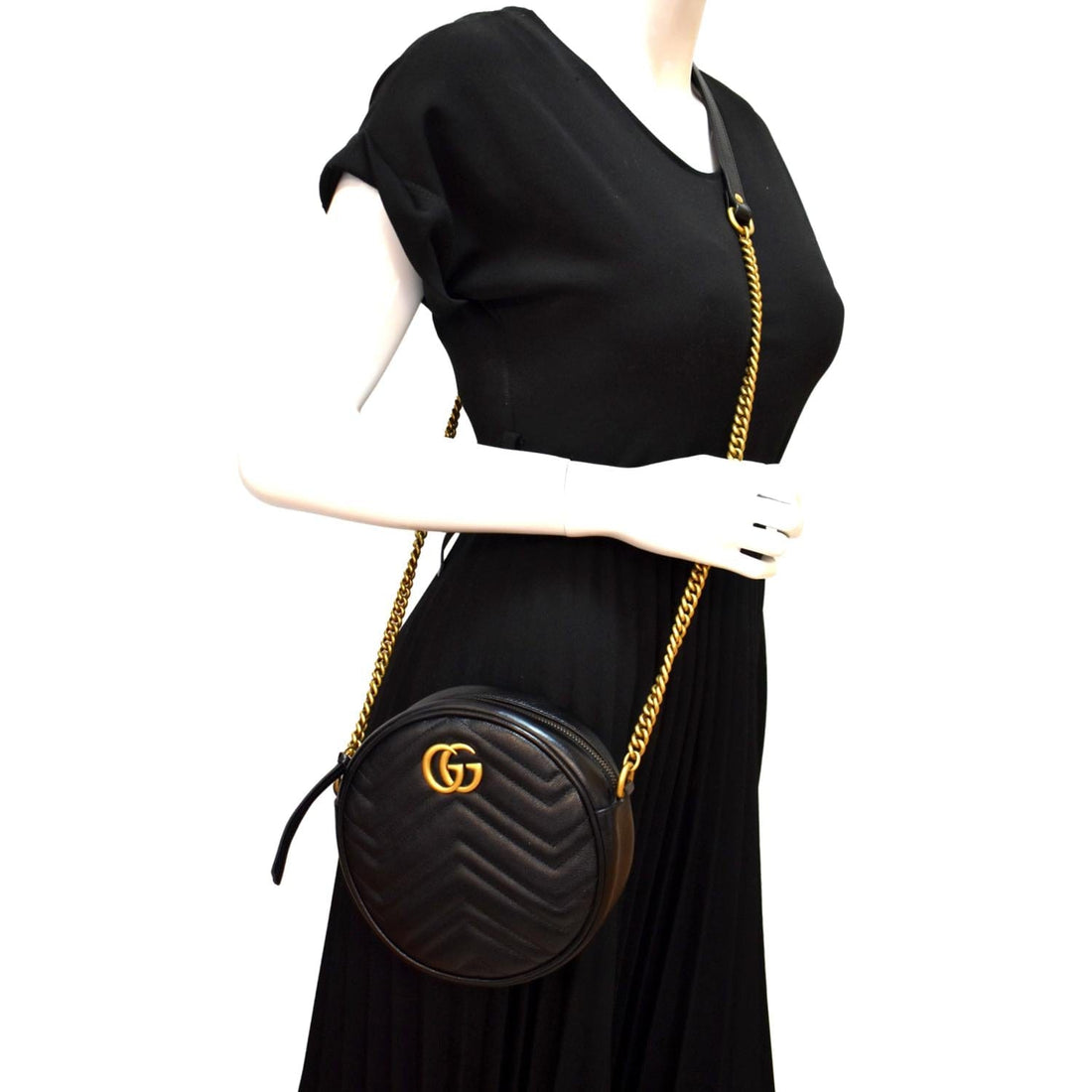 GUCCI GG Marmont Mini Round Leather Crossbody Bag Black 550154