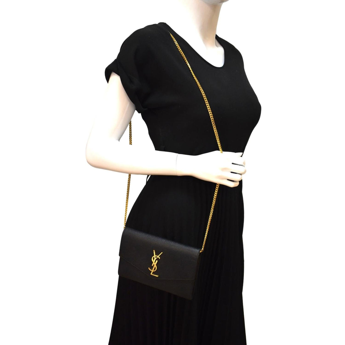 YVES SAINT LAURENT Uptown Leather Crossbody Chain Wallet Black
