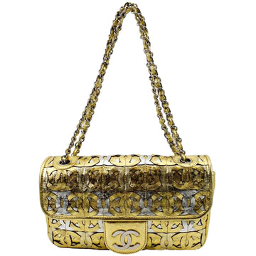 CHANEL Mix Medium Flap CC Crackled  Shoulder Bag Silver Gold