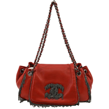 CHANEL Chain Fringe Flap  Leather Shoulder Bag Red