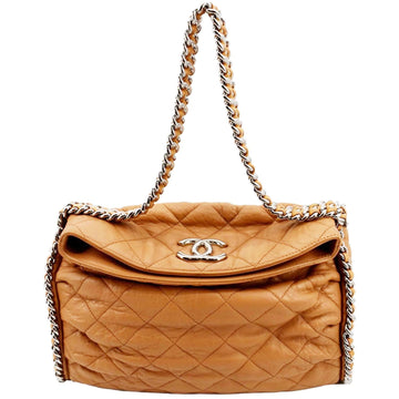 CHANEL Chain Around Quilted  Leather Hobo Bag Beige