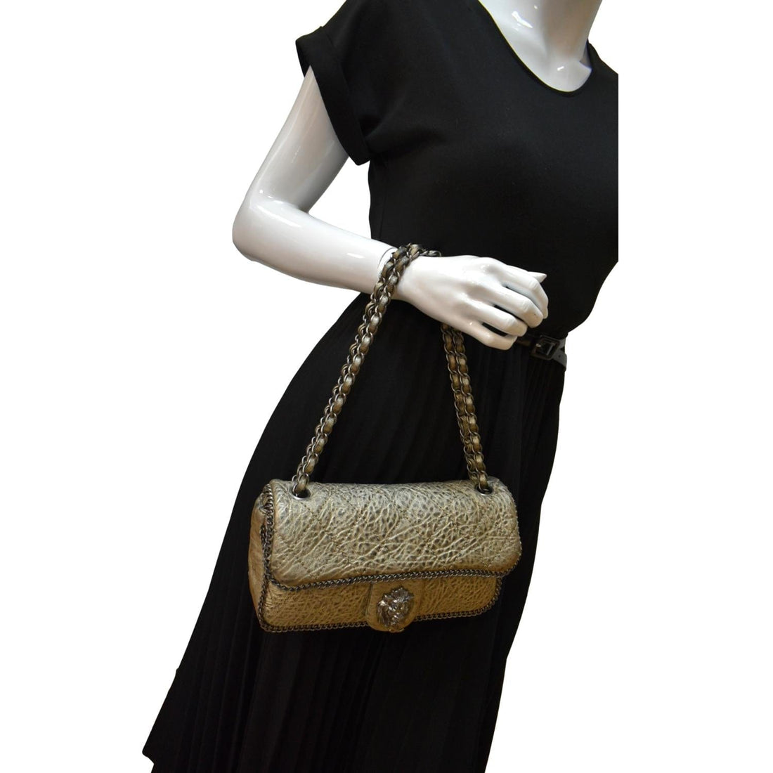 CHANEL Distressed Leo Lion Medium Flap  Leather Shoulder Bag Metallic
