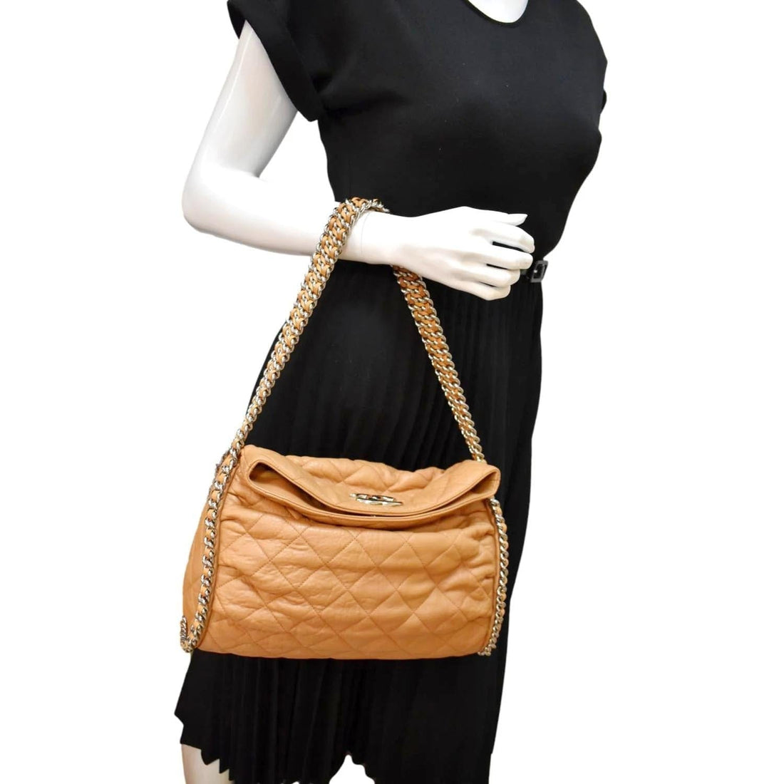 CHANEL Chain Around Quilted  Leather Hobo Bag Beige