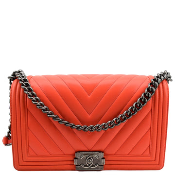 CHANEL Medium Boy Flap Chevron Quilted  Shoulder Bag Red