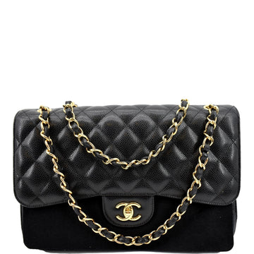 CHANEL Jumbo Double Flap Caviar Leather Shoulder Bag Black