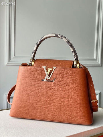 Top Quality Woven Capucines Python Handle Bag 31cm Taurillon Leather Spring/Summer 2021 Collection N98388, Cognac