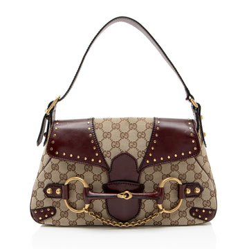 Gucci GG Canvas Leather Studded Horsebit Shoulder Bag
