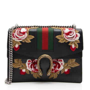 Gucci Leather Embroidered Rose Dionysus Medium Shoulder Bag (SHF-NIvfQT)
