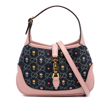 Gucci Limited Edition Mini GG Denim Embroidered Floral Jackie 1961 Crossbody