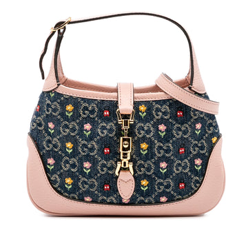 Gucci Limited Edition Mini GG Denim Embroidered Floral Jackie 1961 Crossbody